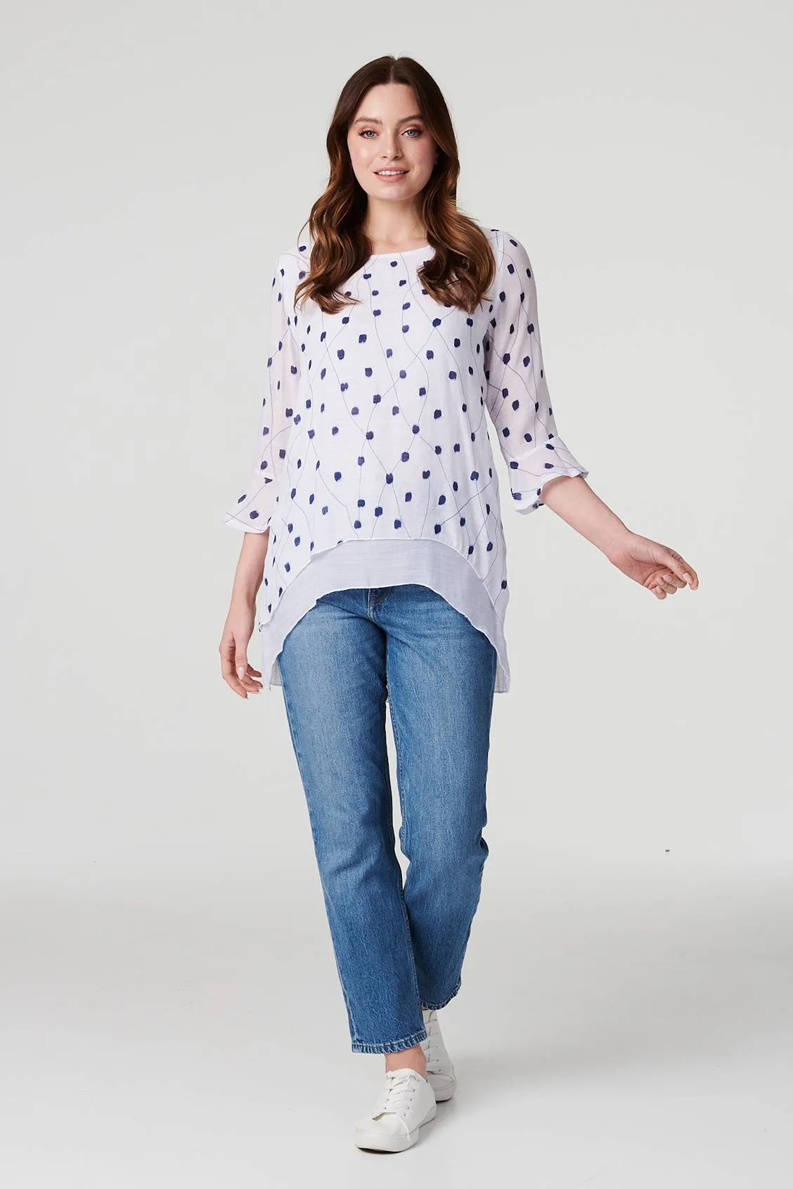 Printed Curve Hem 3/4 Sleeve Blouse