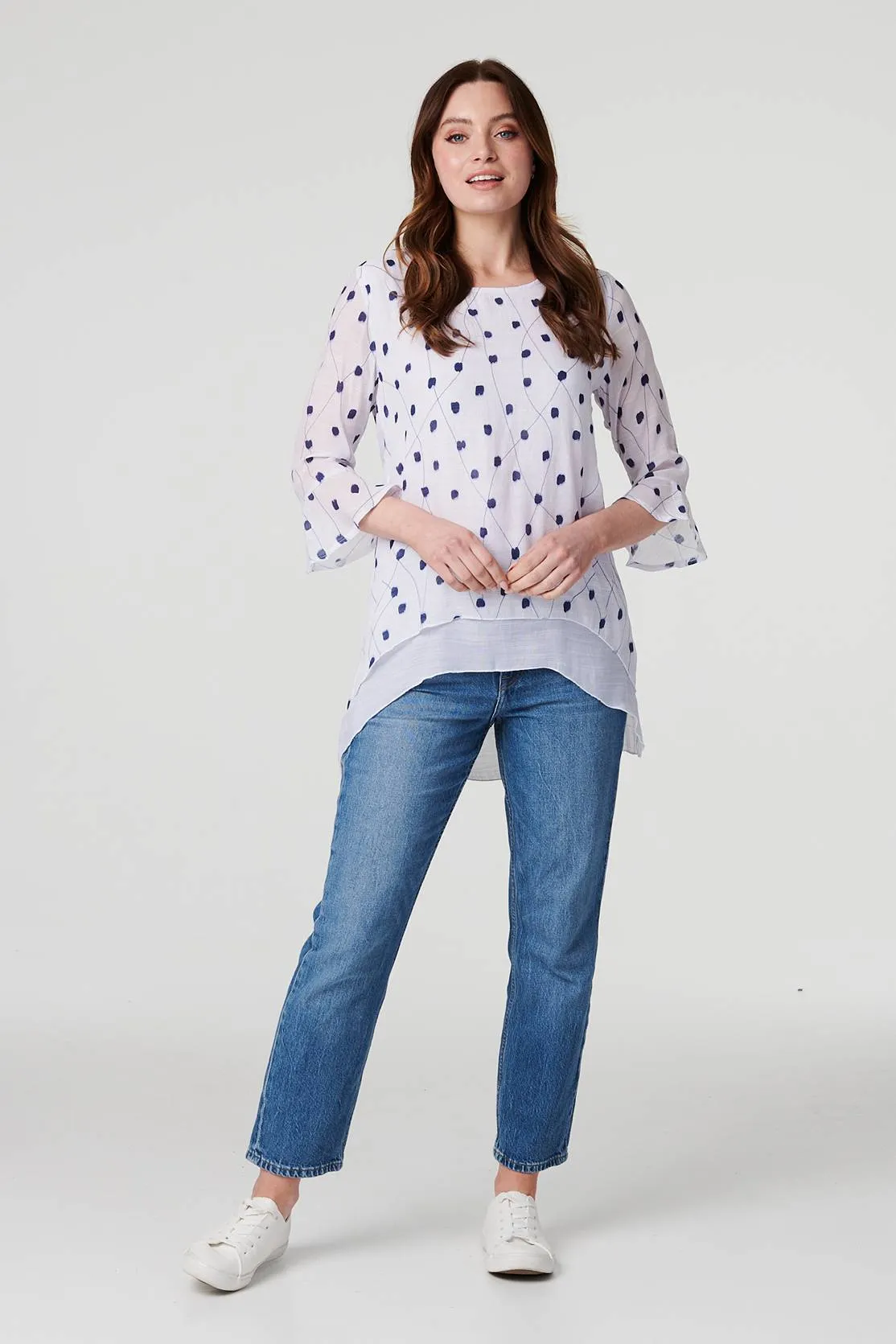 Printed Curve Hem 3/4 Sleeve Blouse