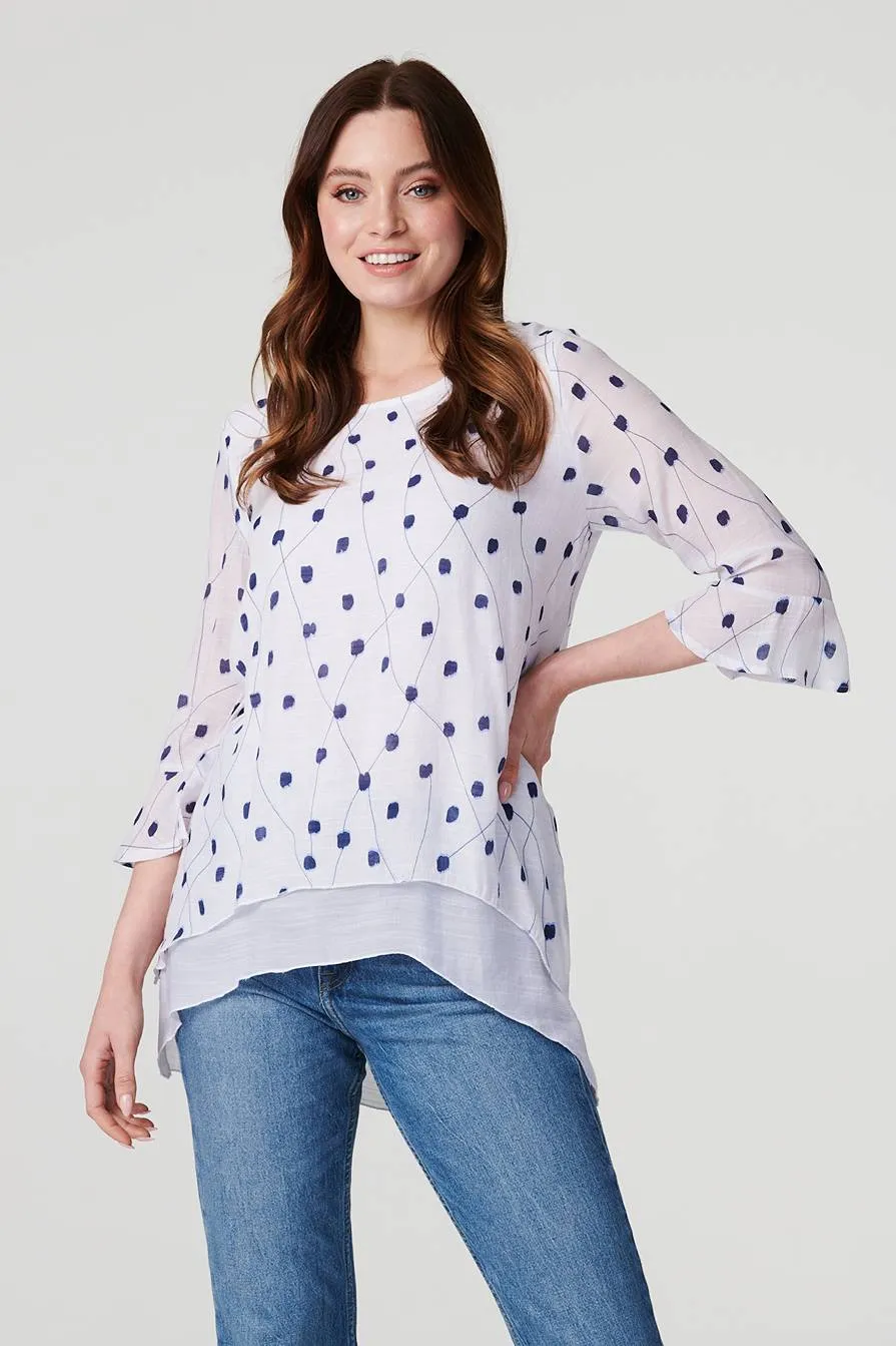 Printed Curve Hem 3/4 Sleeve Blouse