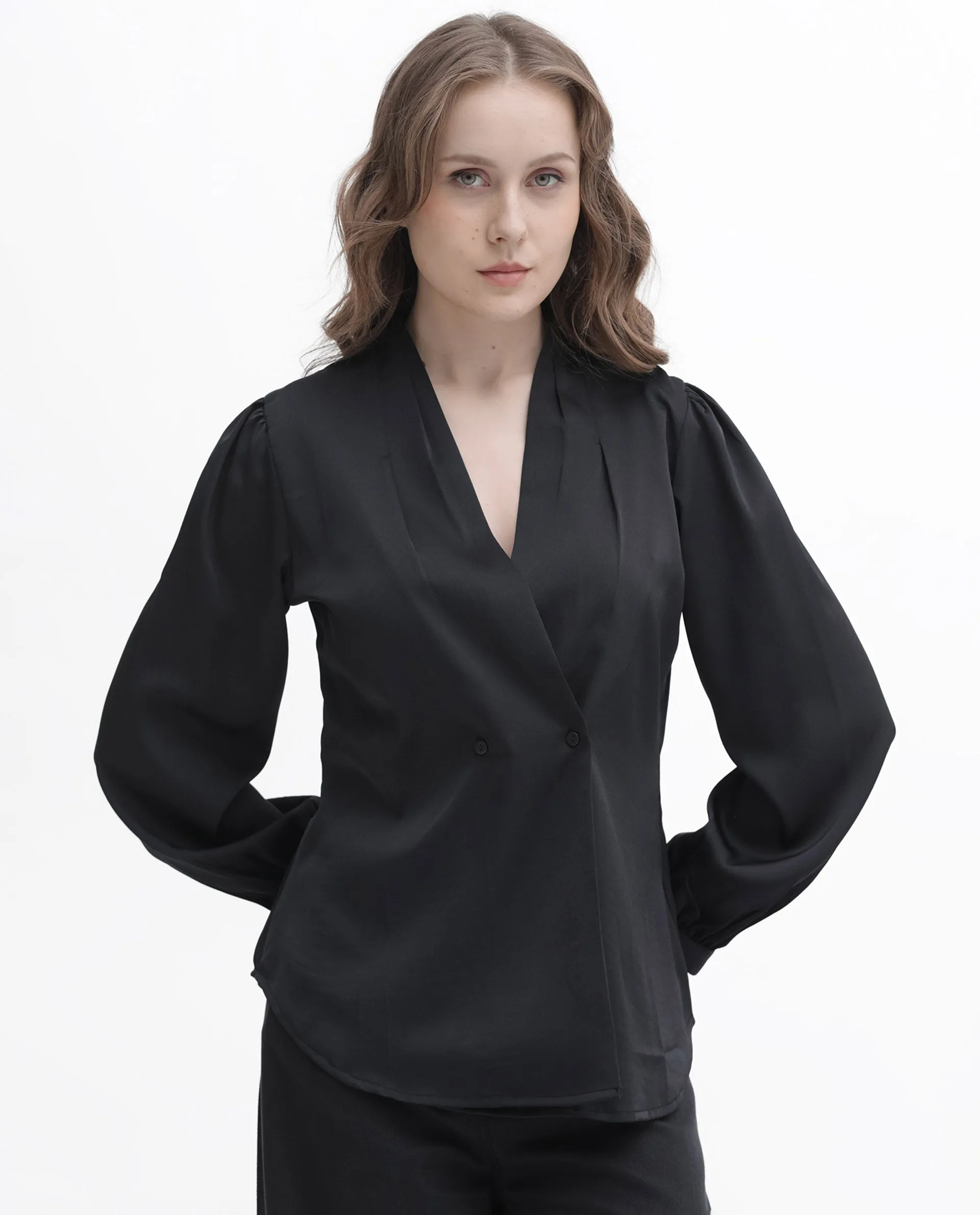 Rareism Women Caplan Black Polyester Fabric Full Sleeves Button Closure Over Lap Bishop Sleeve Regular Fit Plain Top