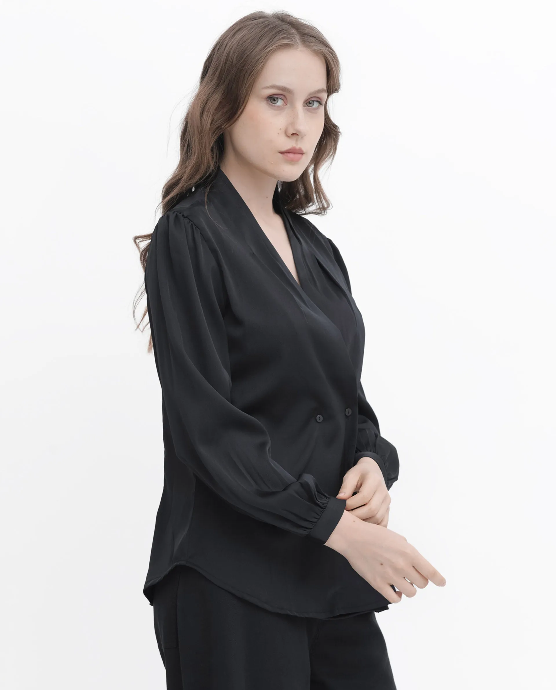 Rareism Women Caplan Black Polyester Fabric Full Sleeves Button Closure Over Lap Bishop Sleeve Regular Fit Plain Top