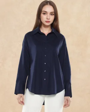 Rareism Women Hertene Navy 60'S Poplin Fabric Cuffed Sleeve Collared Neck Button Closure Boxy Fit Plain Shirt