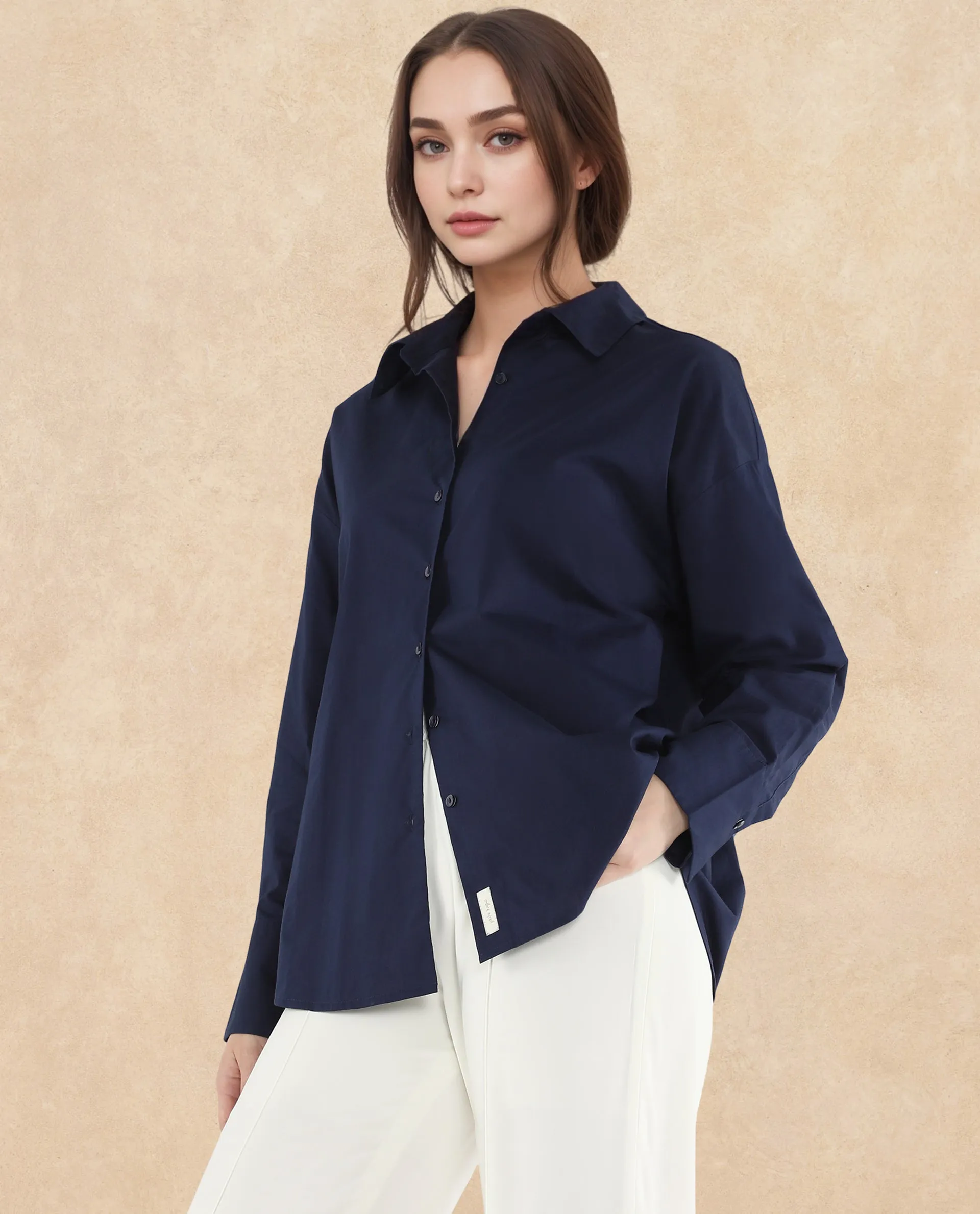 Rareism Women Hertene Navy 60'S Poplin Fabric Cuffed Sleeve Collared Neck Button Closure Boxy Fit Plain Shirt