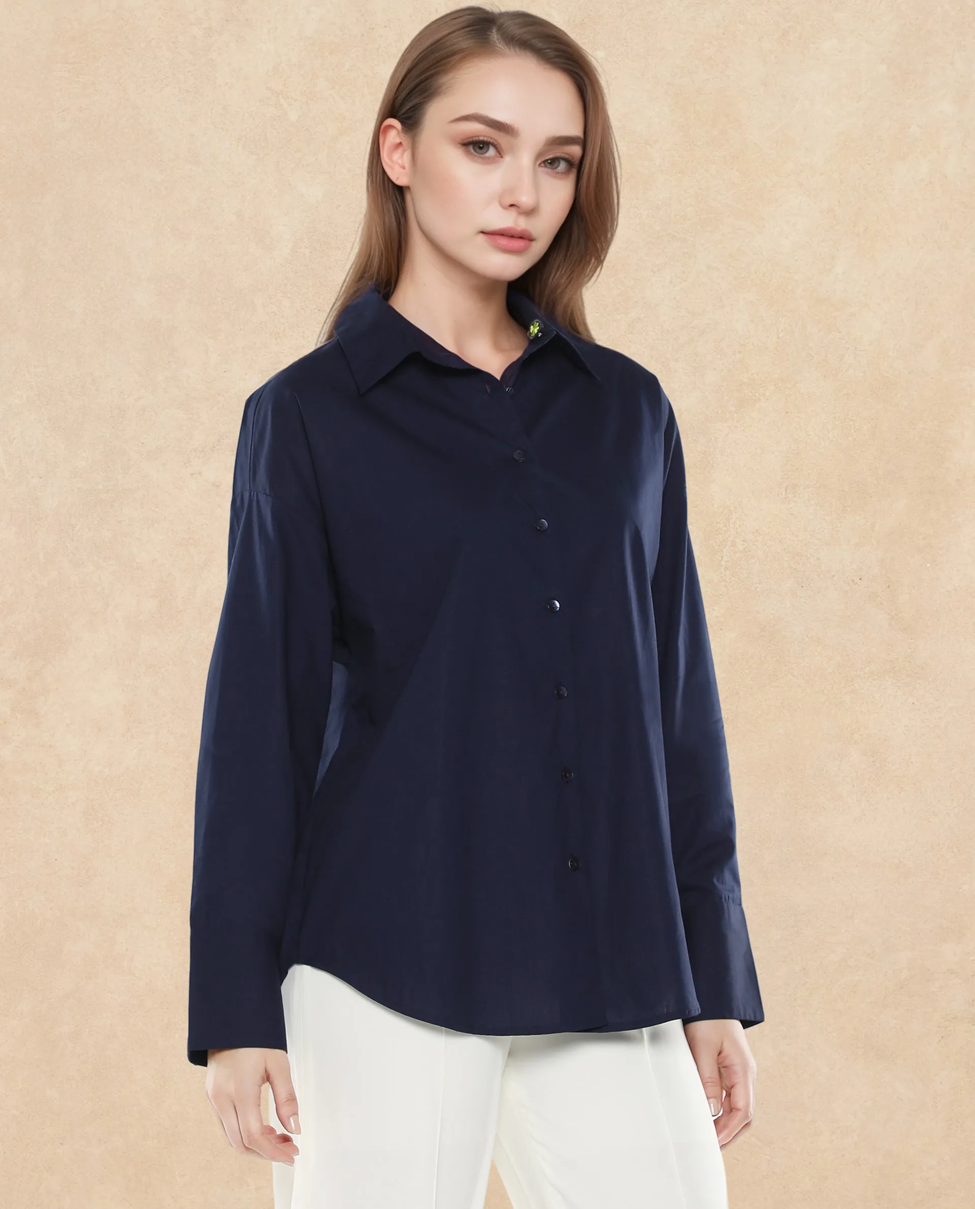 Rareism Women Hertene Navy 60'S Poplin Fabric Cuffed Sleeve Collared Neck Button Closure Boxy Fit Plain Shirt