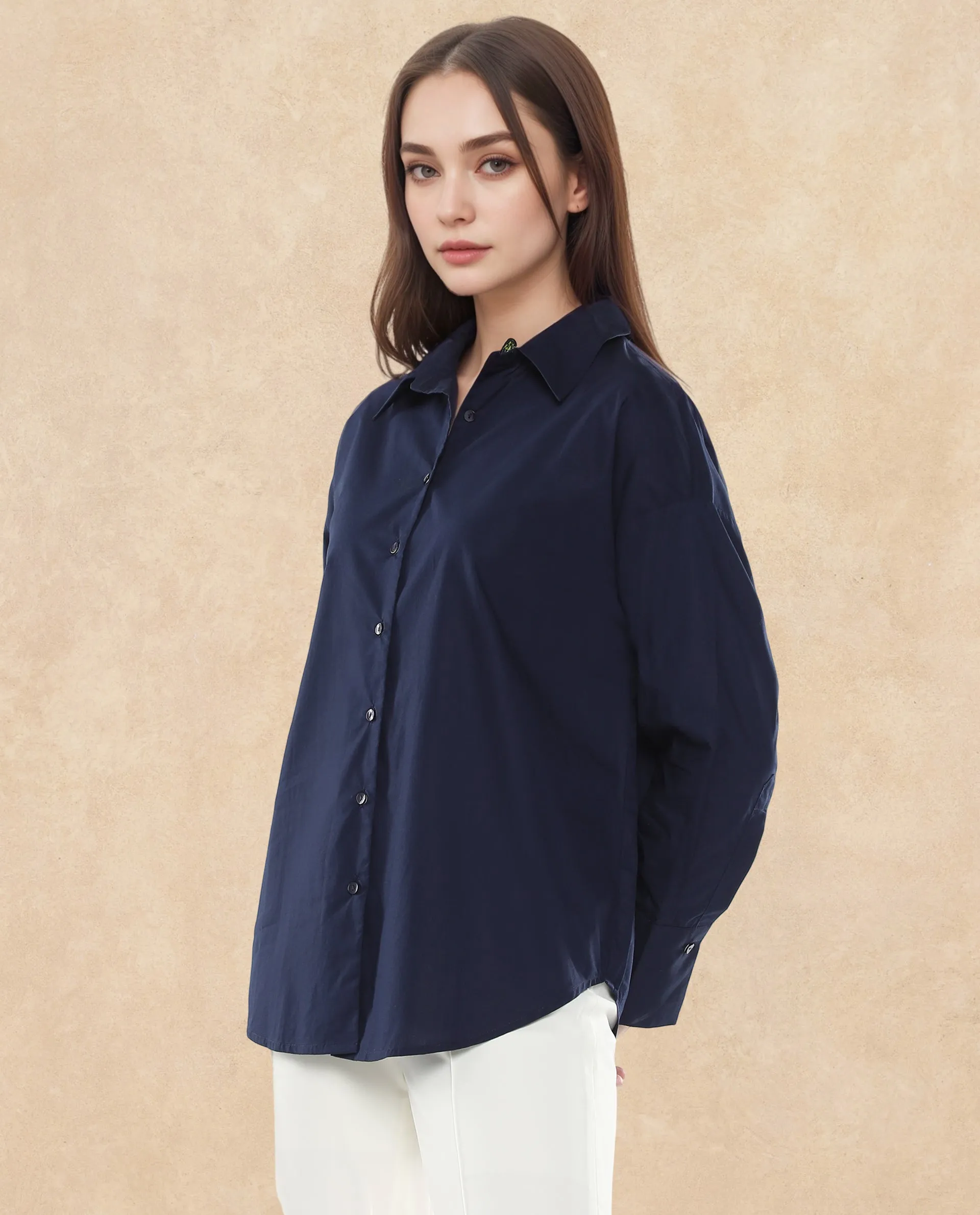 Rareism Women Hertene Navy 60'S Poplin Fabric Cuffed Sleeve Collared Neck Button Closure Boxy Fit Plain Shirt