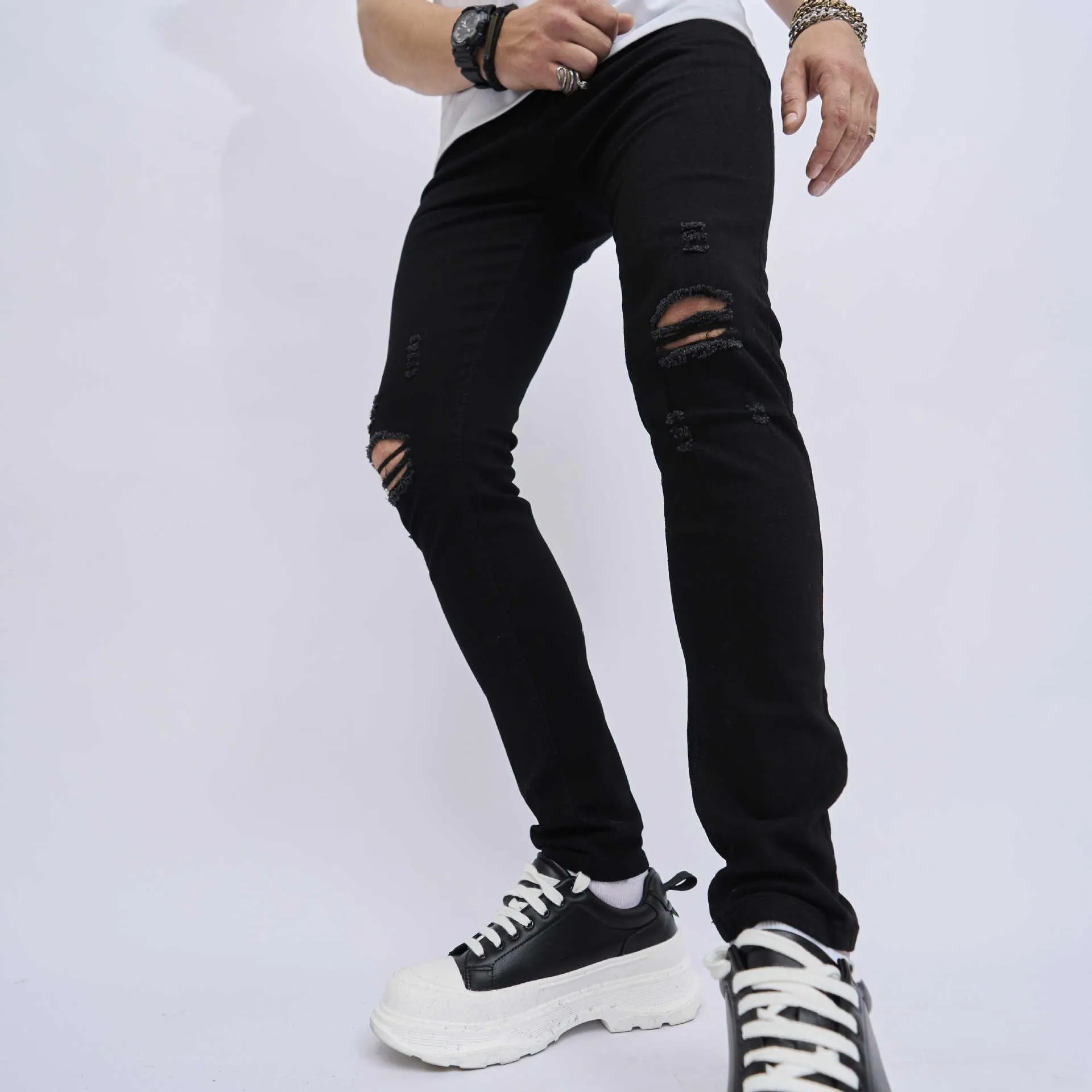 Ripped Slim Fit Skinny Elastic Jeans - Stylish and Comfortable Denim for Teens