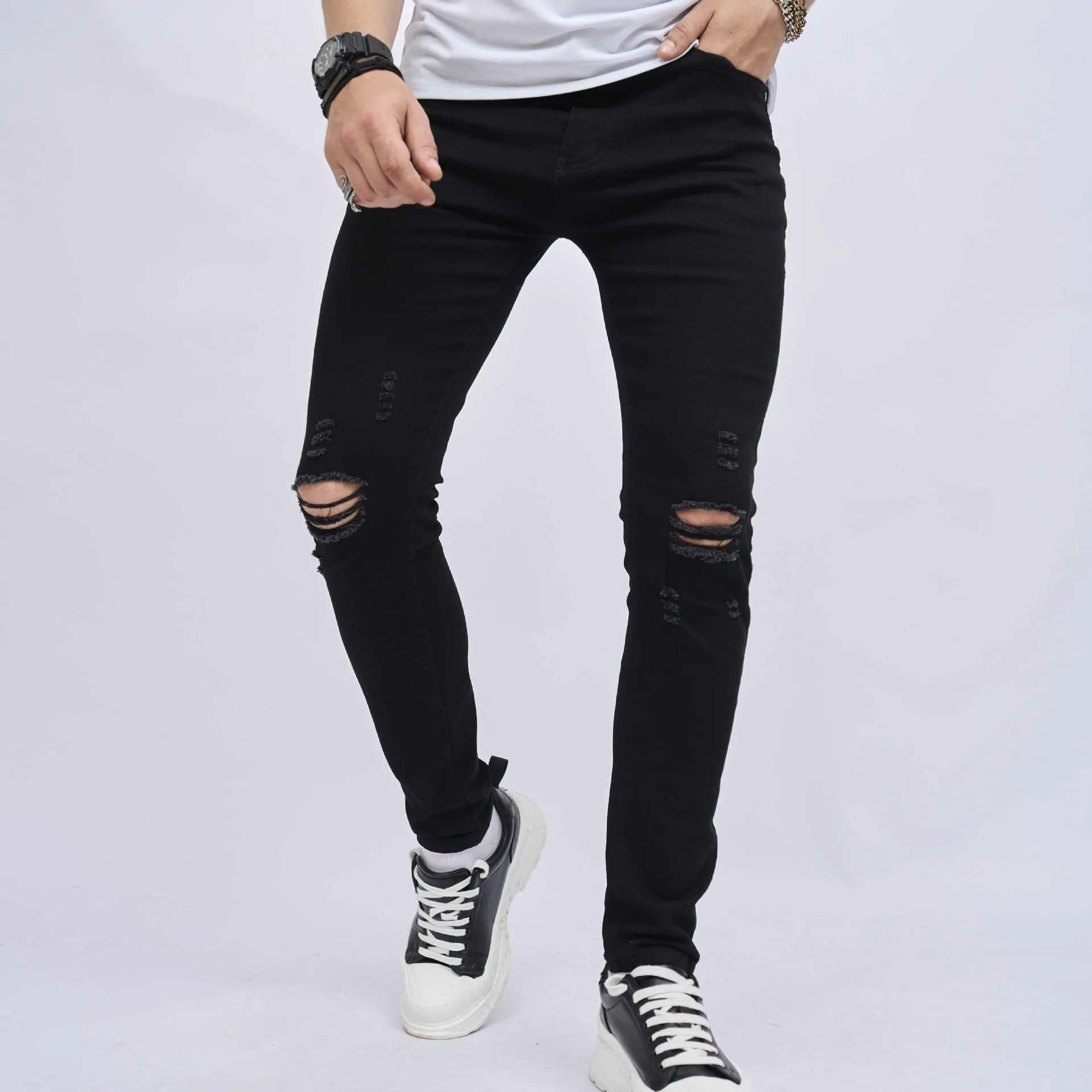 Ripped Slim Fit Skinny Elastic Jeans - Stylish and Comfortable Denim for Teens