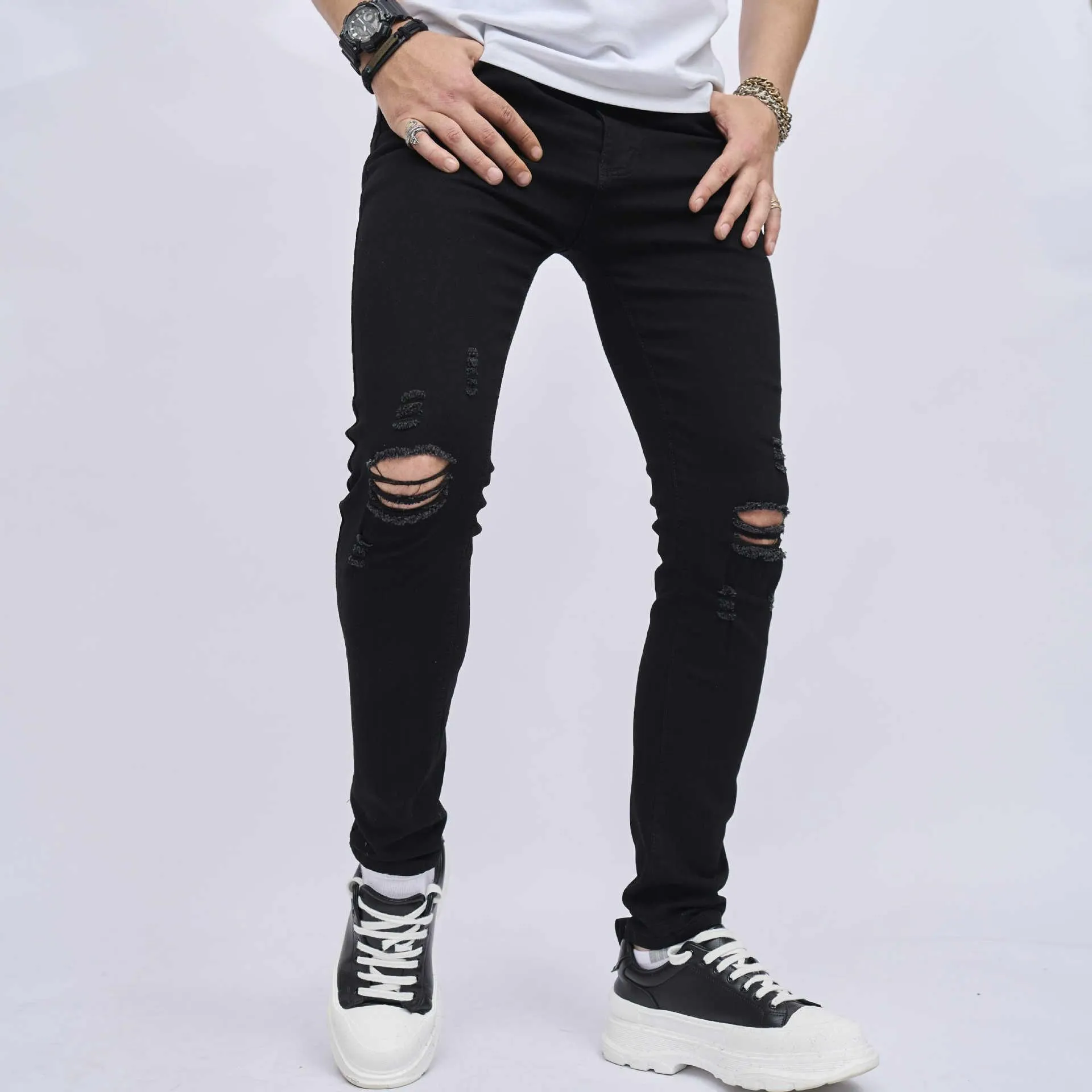 Ripped Slim Fit Skinny Elastic Jeans - Stylish and Comfortable Denim for Teens