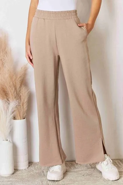 RISEN Wide Waistband Slit Wide Leg Pants in Sand