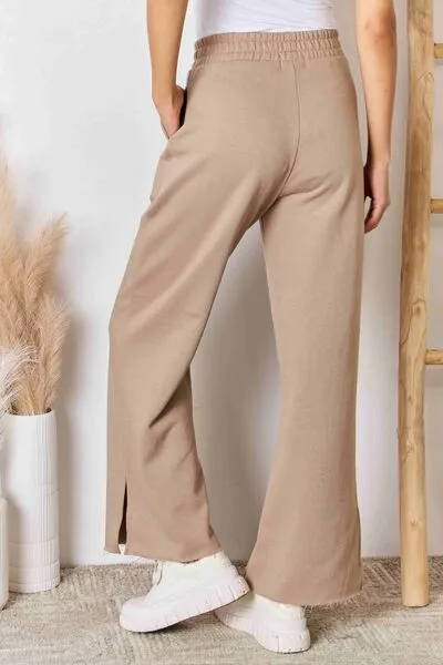 RISEN Wide Waistband Slit Wide Leg Pants in Sand