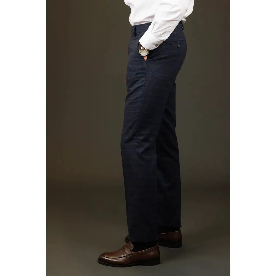 Ryan - Men's Navy Tweed Check Trousers