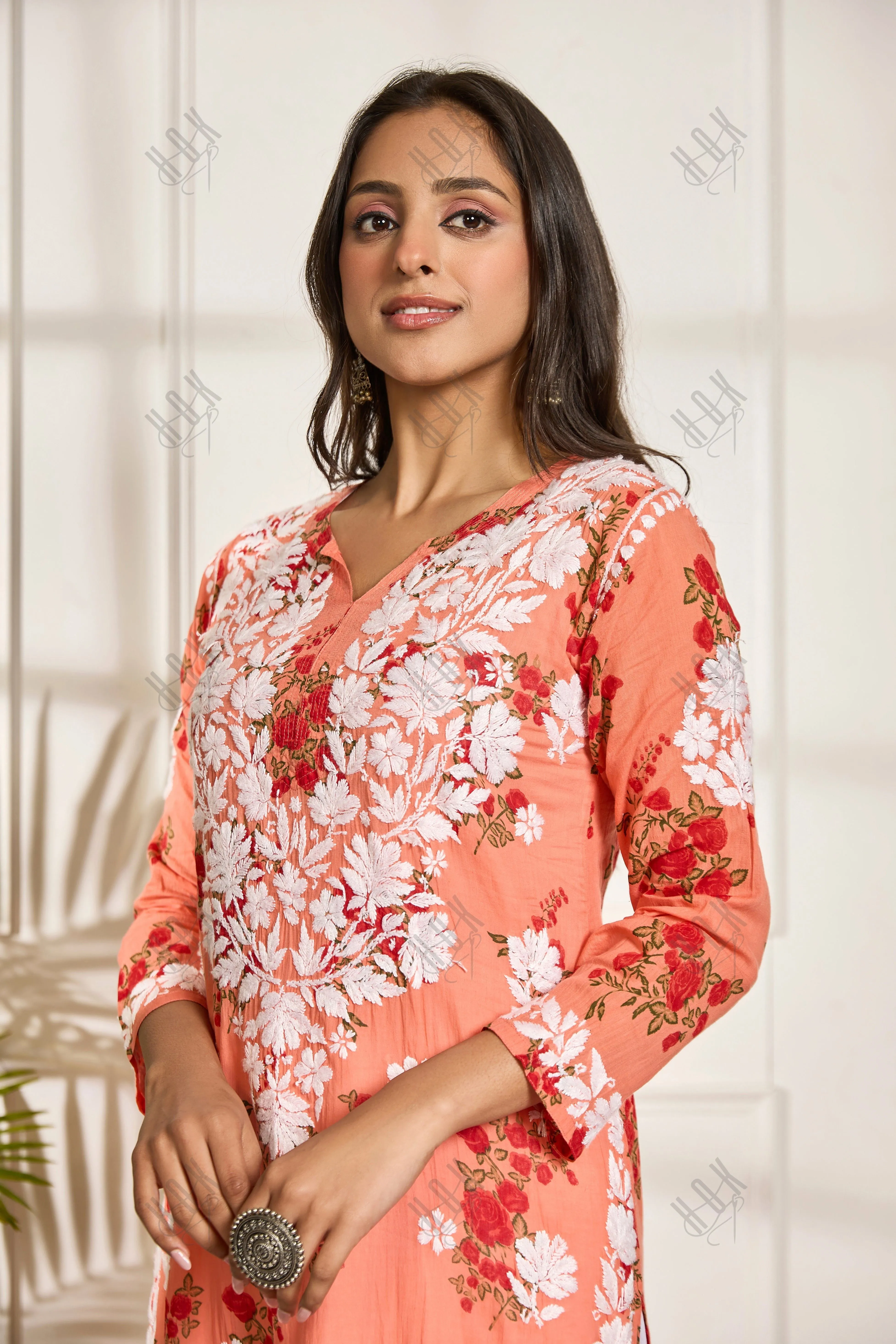 Saba Chikankari Kurta in Mul cotton in Orange