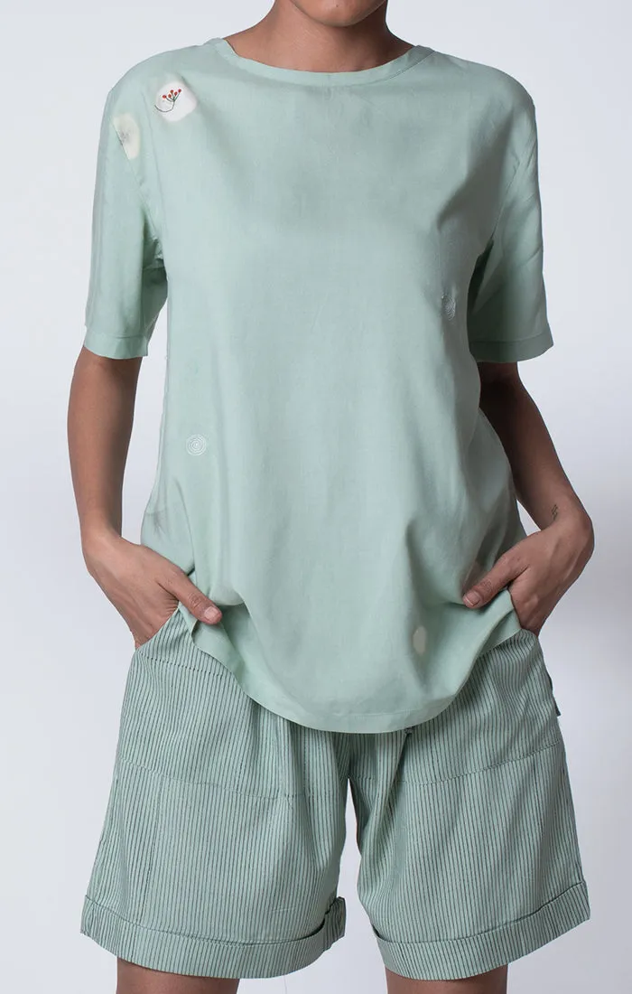 Sage Green Tee with shorts