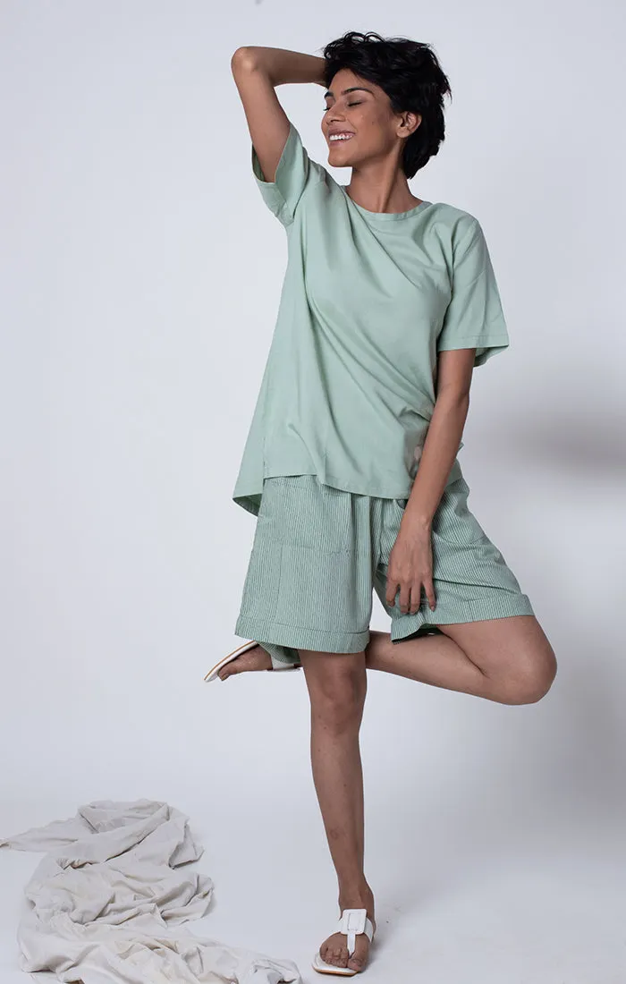 Sage Green Tee with shorts