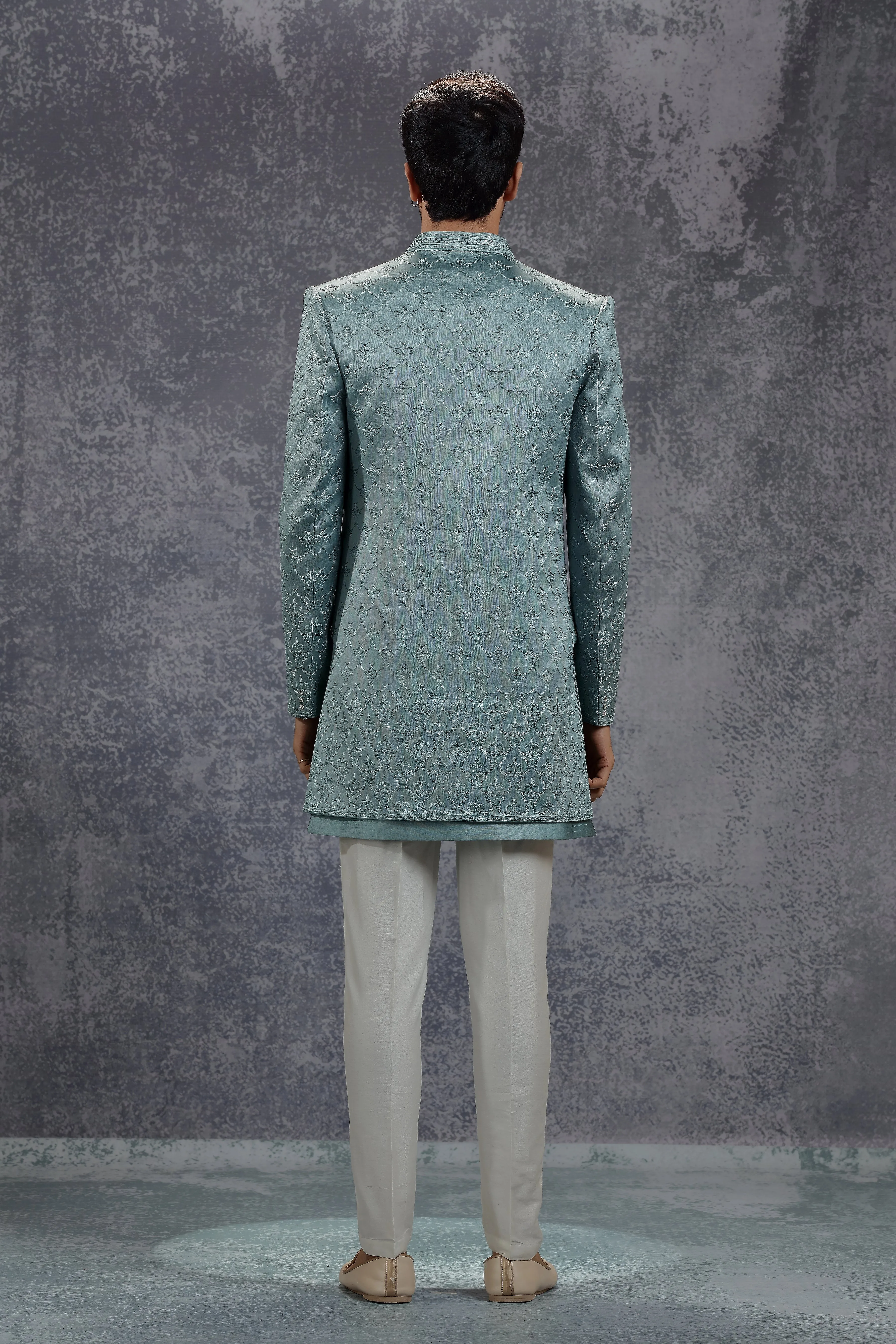 Sea Blue Silk Indowestern With Resham Embroidery