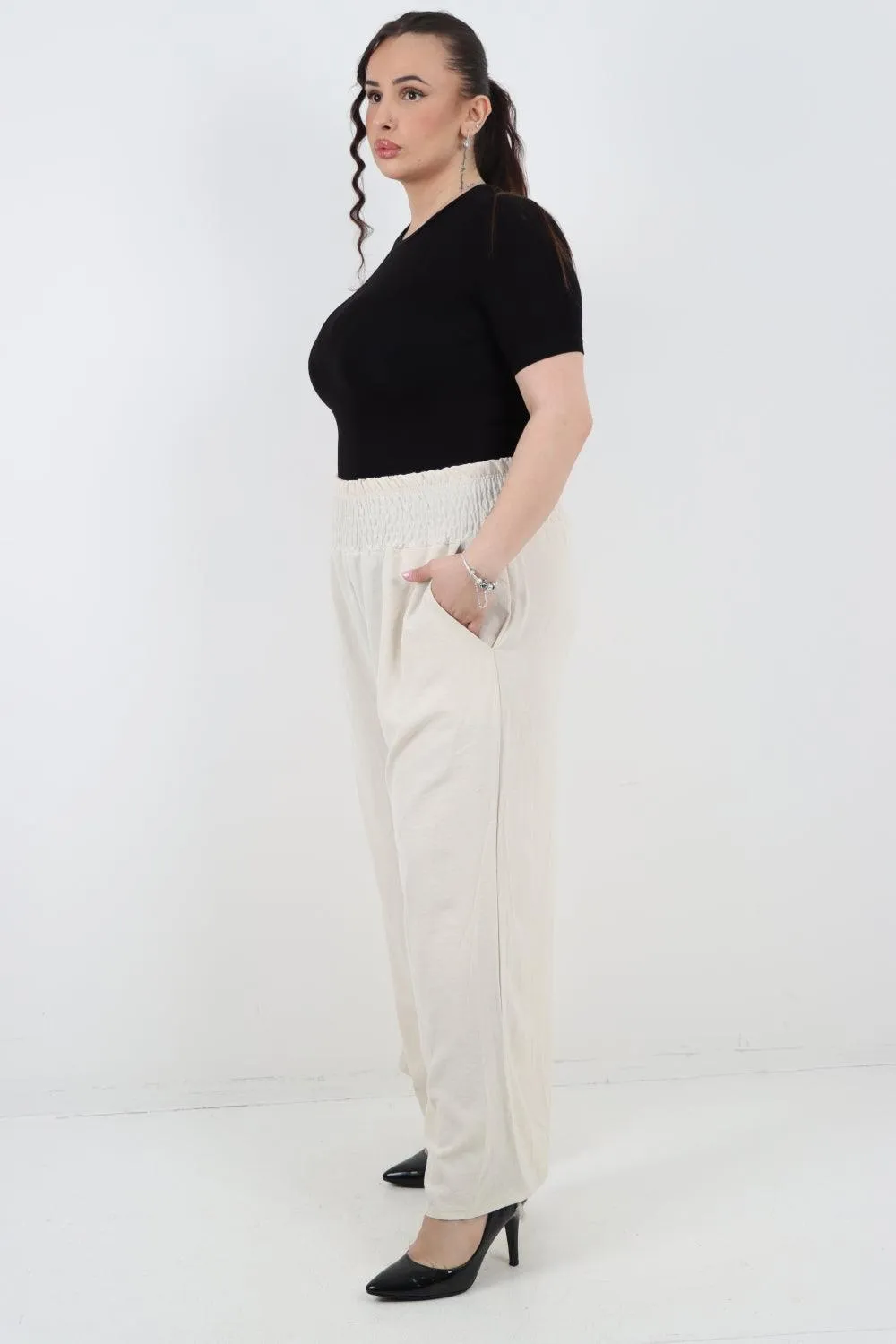 Shirred Waist Side Pockets Trouser