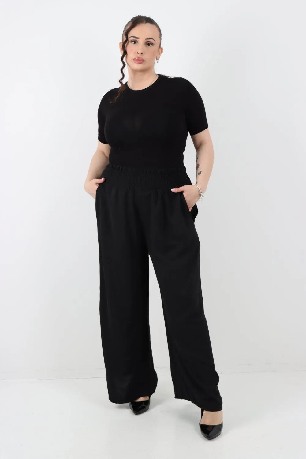 Shirred Waist Side Pockets Trouser