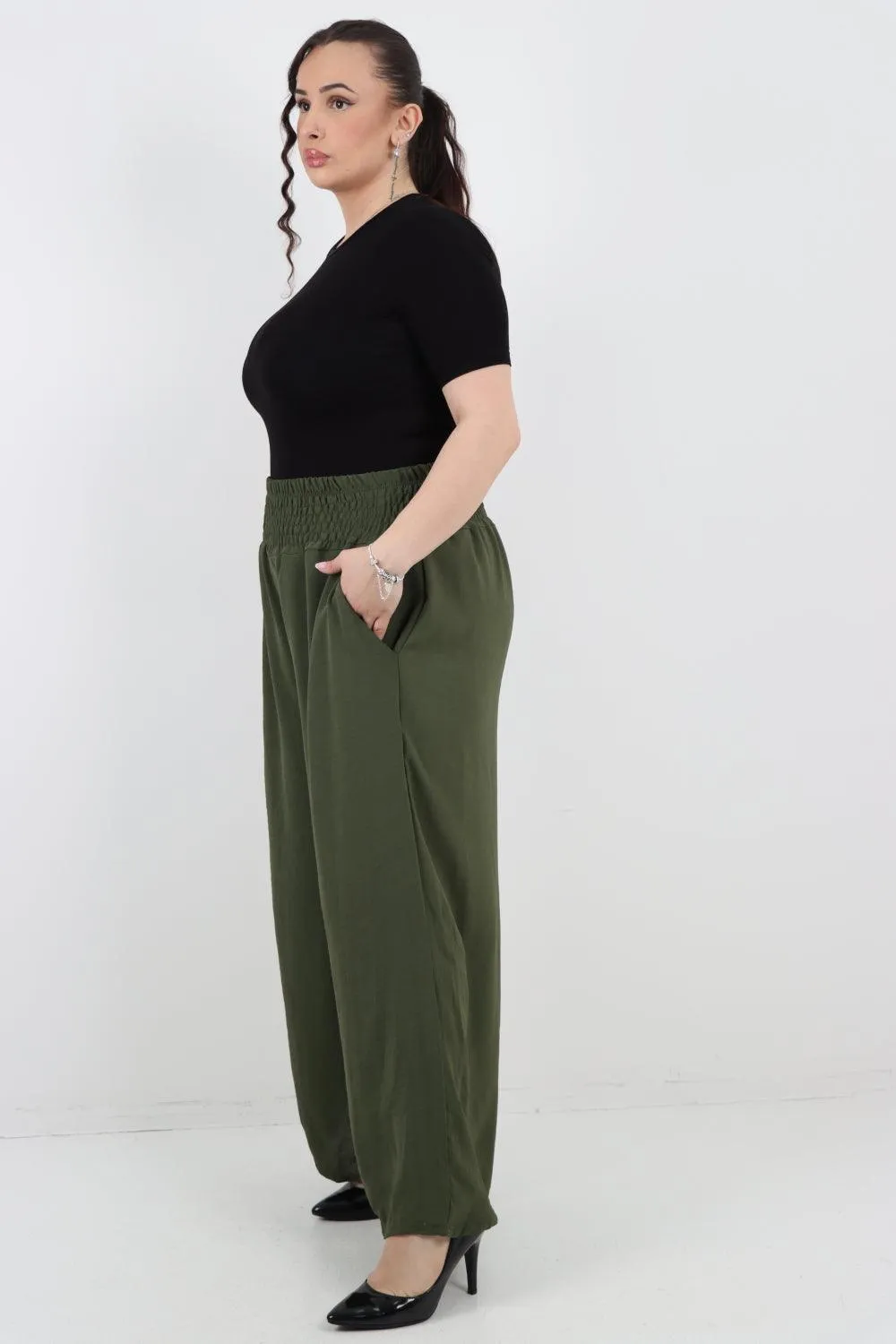 Shirred Waist Side Pockets Trouser