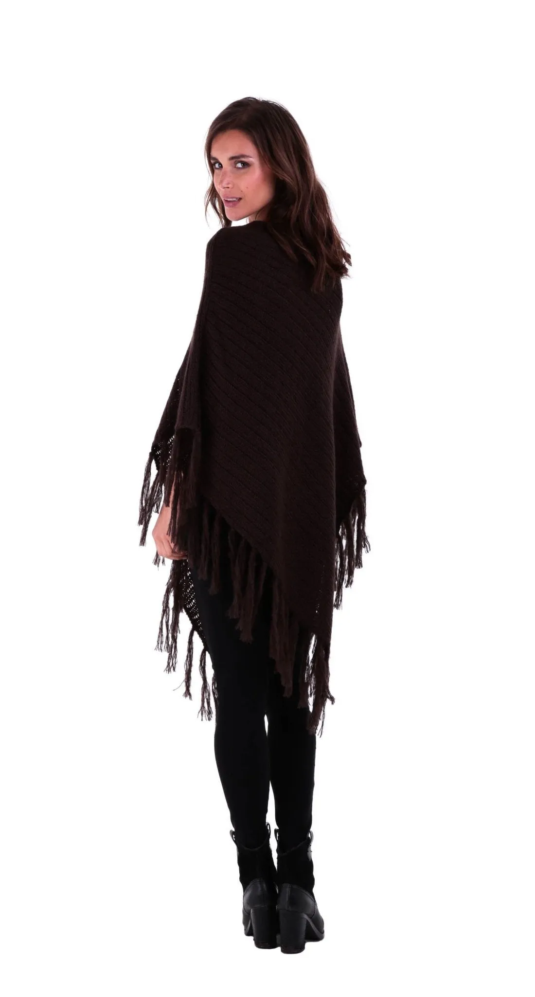 SHU-SHI Women's Cable Knit Poncho Sweater Cape | Boho Casual Soft Pullover with Fringe