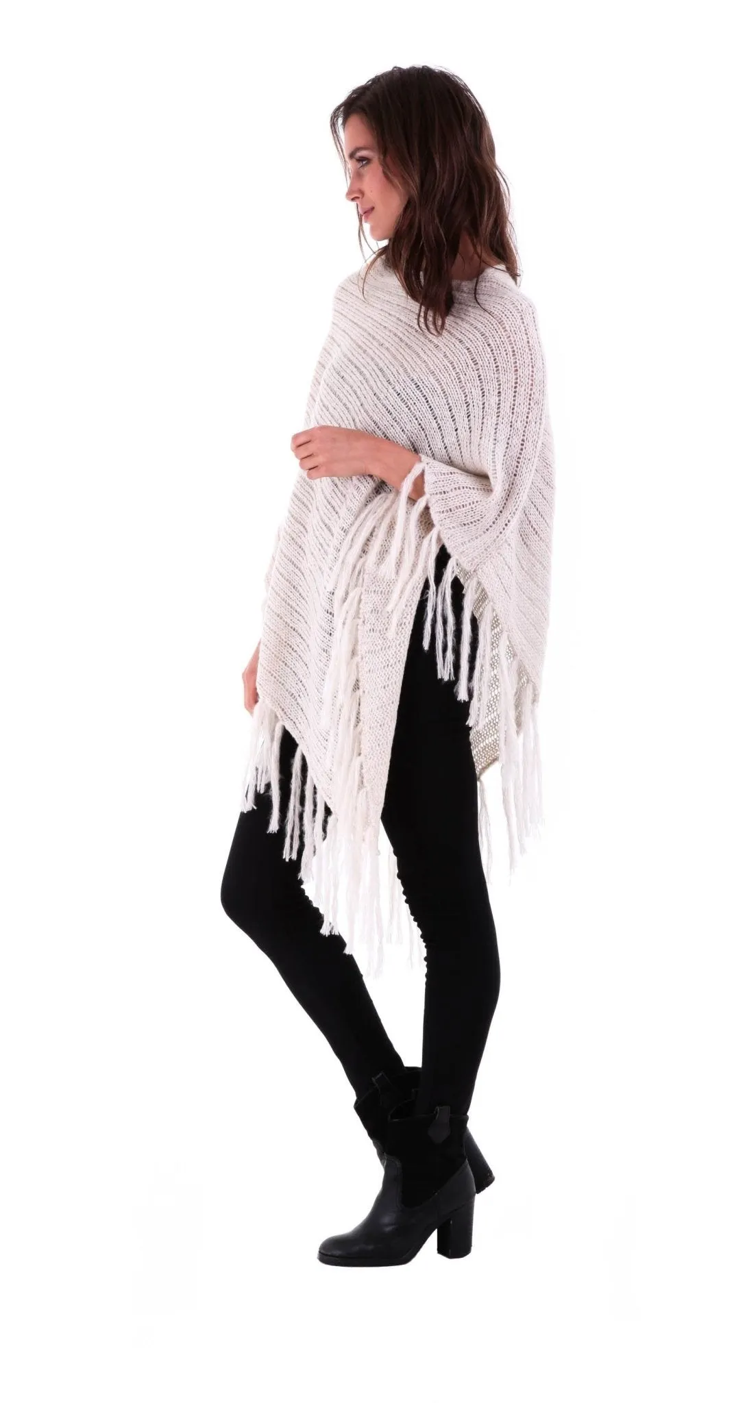 SHU-SHI Women's Cable Knit Poncho Sweater Cape | Boho Casual Soft Pullover with Fringe