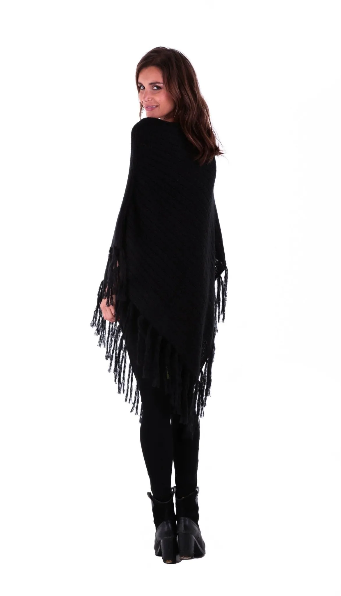 SHU-SHI Women's Cable Knit Poncho Sweater Cape | Boho Casual Soft Pullover with Fringe