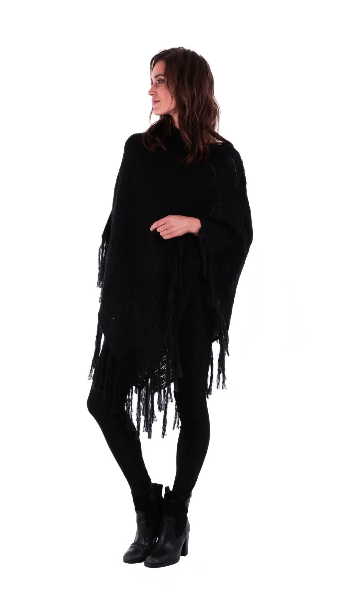 SHU-SHI Women's Cable Knit Poncho Sweater Cape | Boho Casual Soft Pullover with Fringe