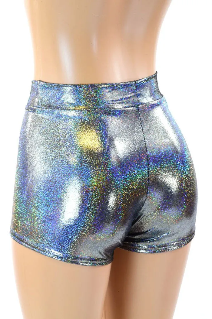 Silver Holographic Mid Rise Shorts