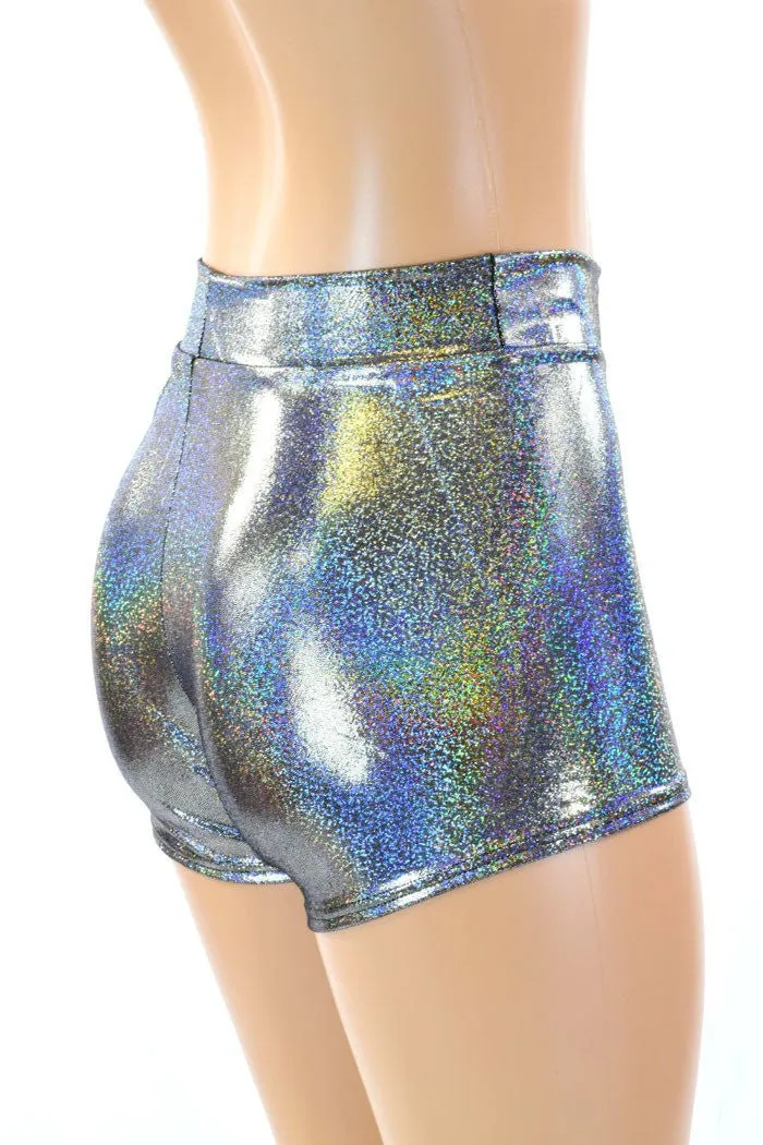 Silver Holographic Mid Rise Shorts