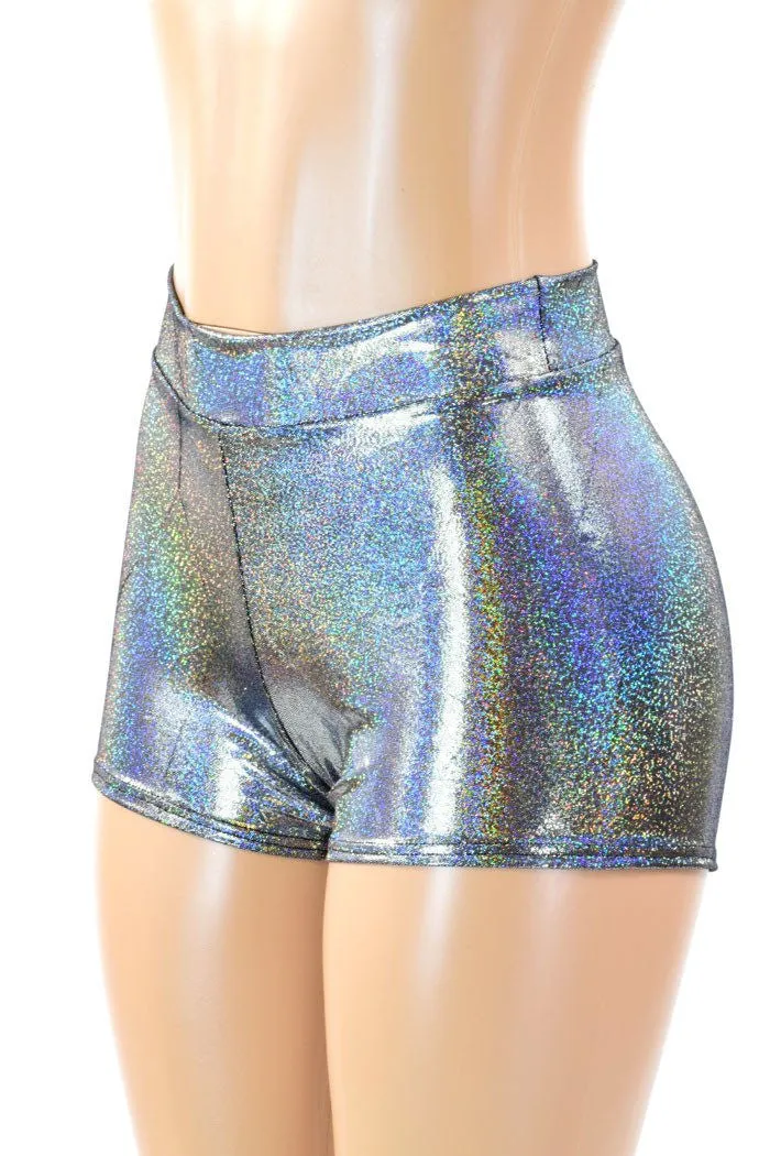 Silver Holographic Mid Rise Shorts