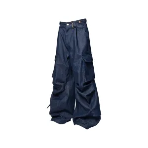 Straped Big Pockets Wide Leg Cargo Jeans