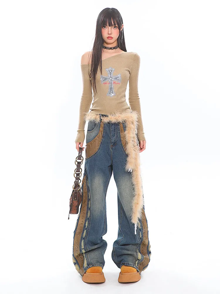 Studded Distressed Wide Leg Jeans