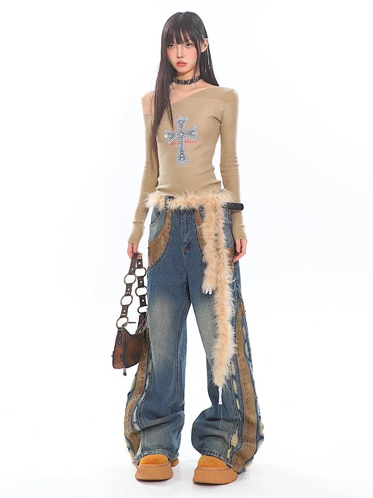 Studded Distressed Wide Leg Jeans