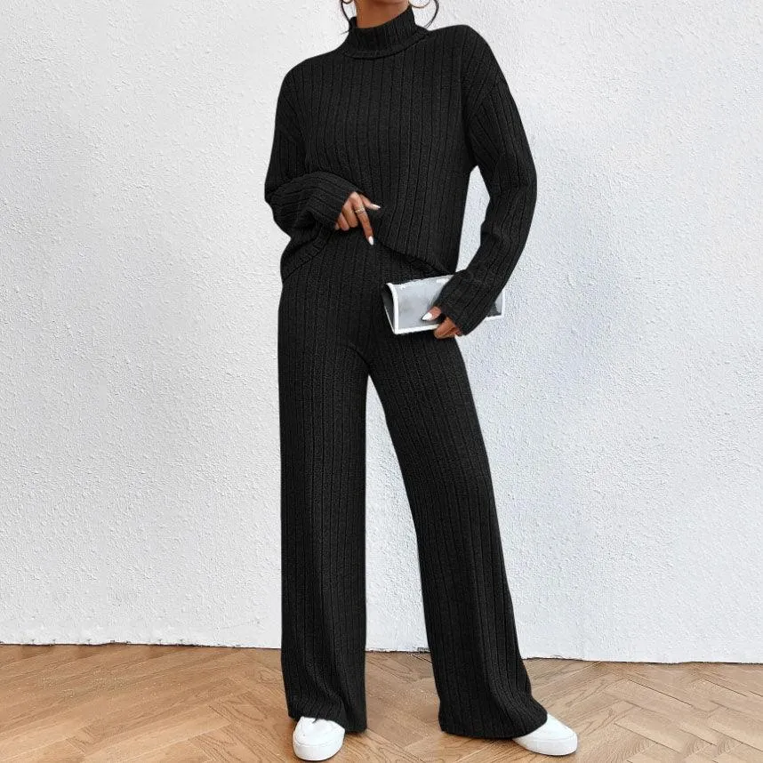 Stylish Women's Winter Knitted Turtleneck Sweater and Loose Trousers Two-piece Set