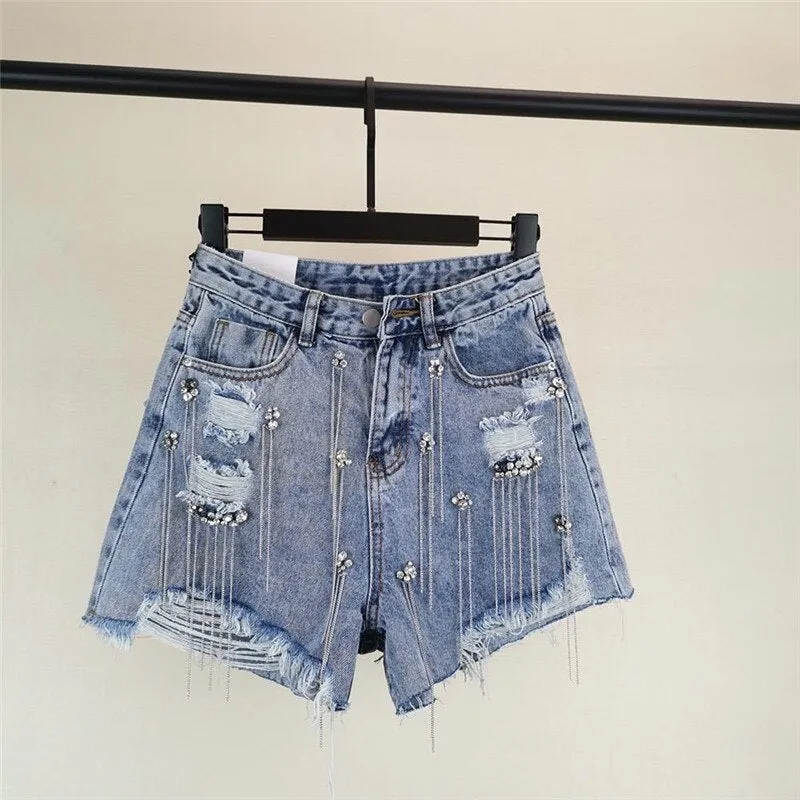 Tassel Rhinestone Denim Shorts