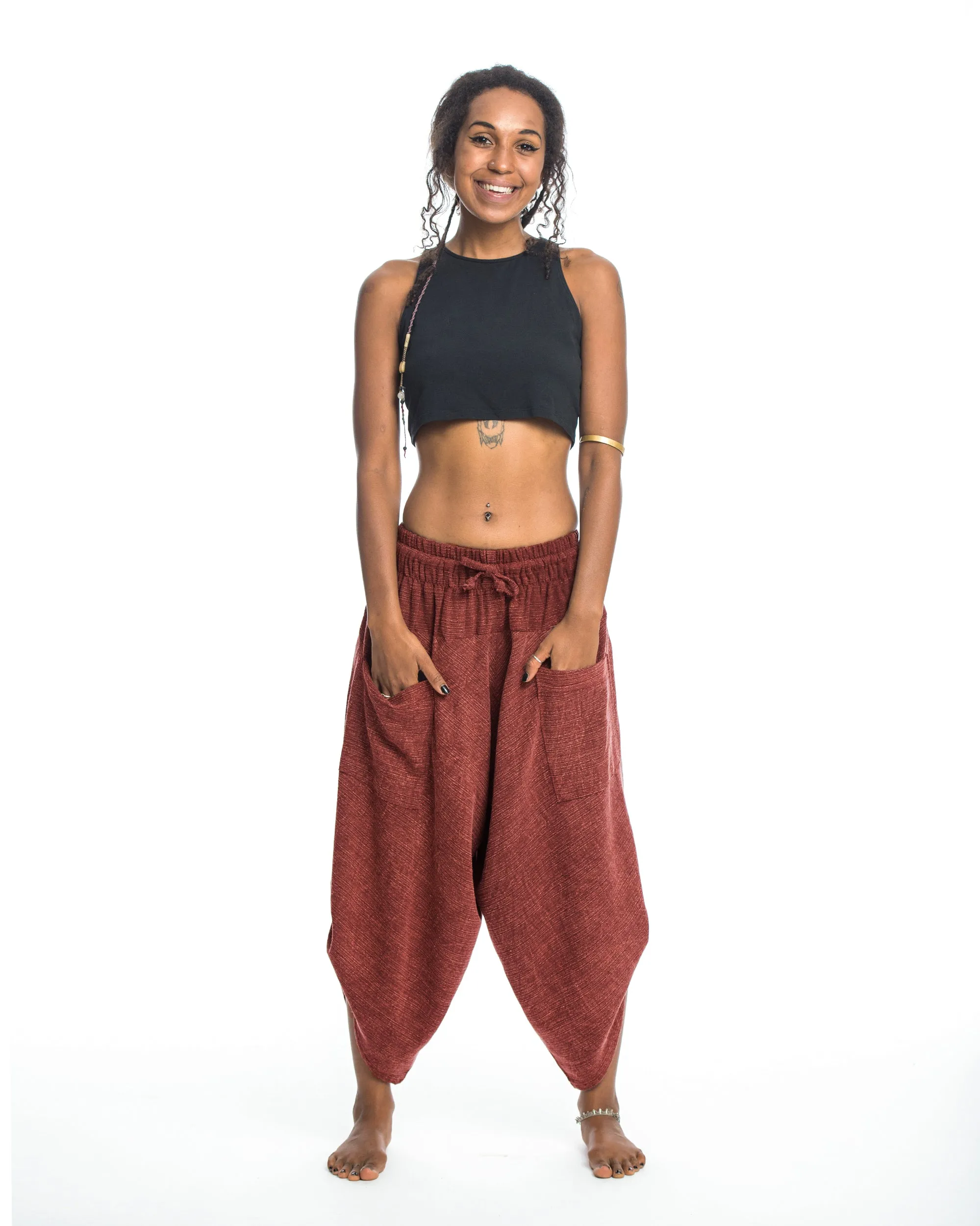 Unisex Stone Washed Large Pockets Harem Pants in Brick