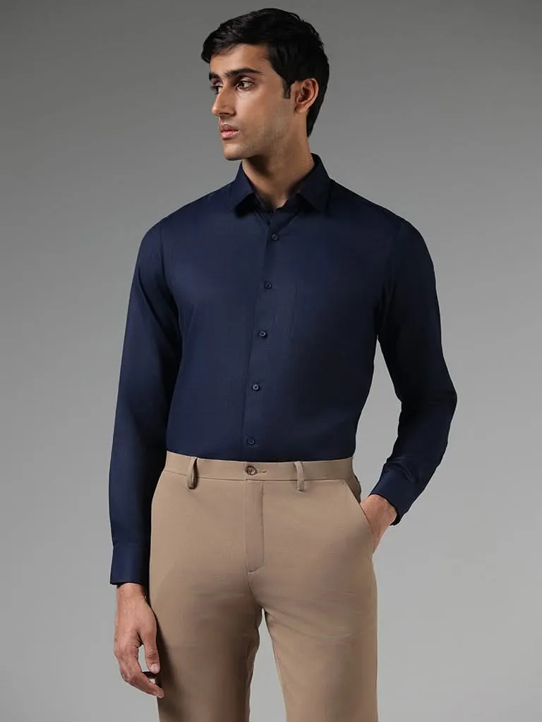 WES Formals Solid Navy Slim-Fit Shirt