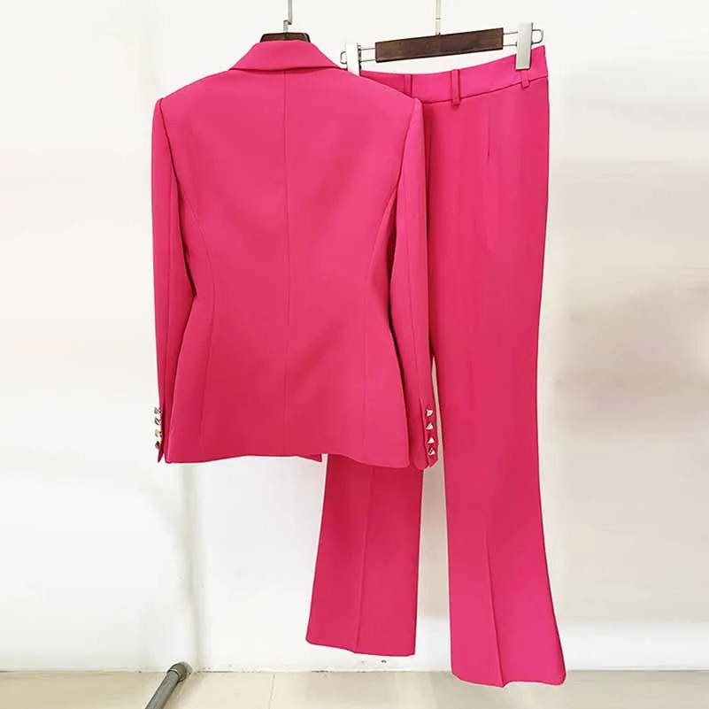 Women Hot Pink Double Breasts Blazer   Mid-High Rise Flare Trousers Suit Pantsuit Formal Suit