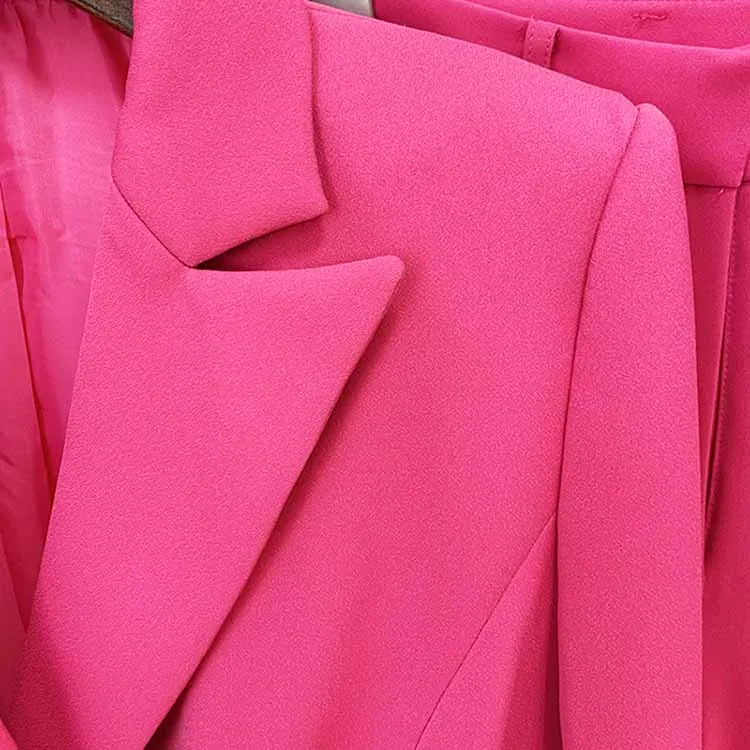 Women Hot Pink Double Breasts Blazer   Mid-High Rise Flare Trousers Suit Pantsuit Formal Suit