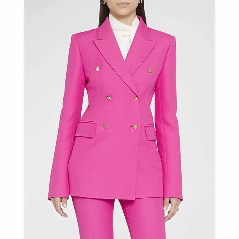 Women Hot Pink Double Breasts Blazer   Mid-High Rise Flare Trousers Suit Pantsuit Formal Suit