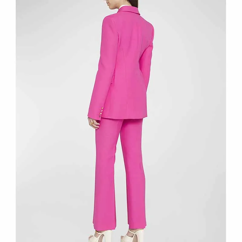 Women Hot Pink Double Breasts Blazer   Mid-High Rise Flare Trousers Suit Pantsuit Formal Suit