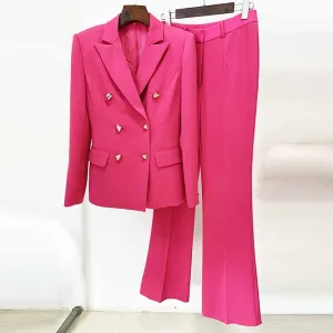 Women Hot Pink Double Breasts Blazer   Mid-High Rise Flare Trousers Suit Pantsuit Formal Suit