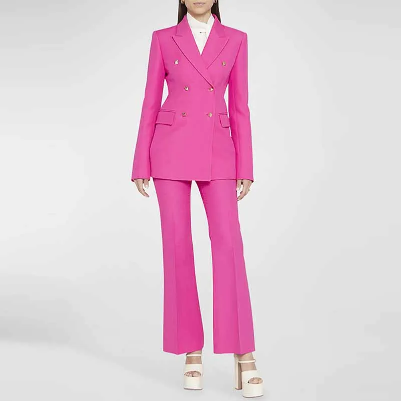 Women Hot Pink Double Breasts Blazer   Mid-High Rise Flare Trousers Suit Pantsuit Formal Suit