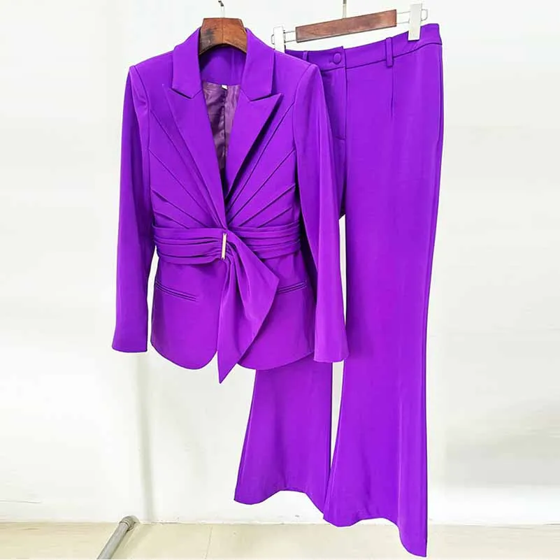 Women Pantsuits With Belt Flare Bottoms Two Pieces Formal Suit Slim Fitted Suit