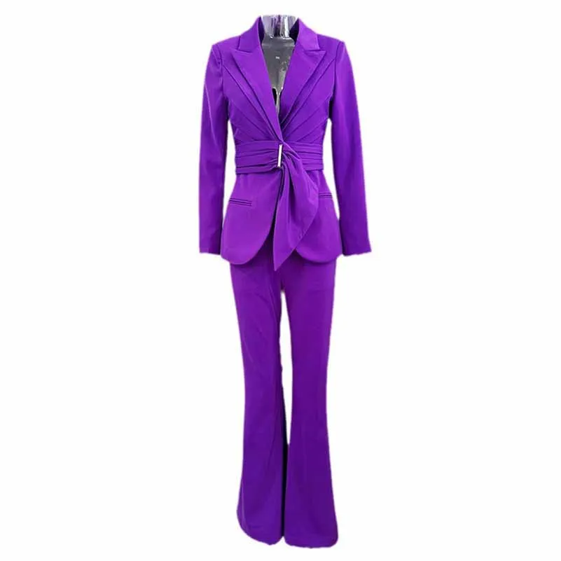 Women Pantsuits With Belt Flare Bottoms Two Pieces Formal Suit Slim Fitted Suit