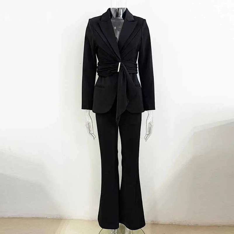 Women Pantsuits With Belt Flare Bottoms Two Pieces Formal Suit Slim Fitted Suit