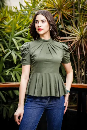 Womens Puff Sleeve Green Peplum Top